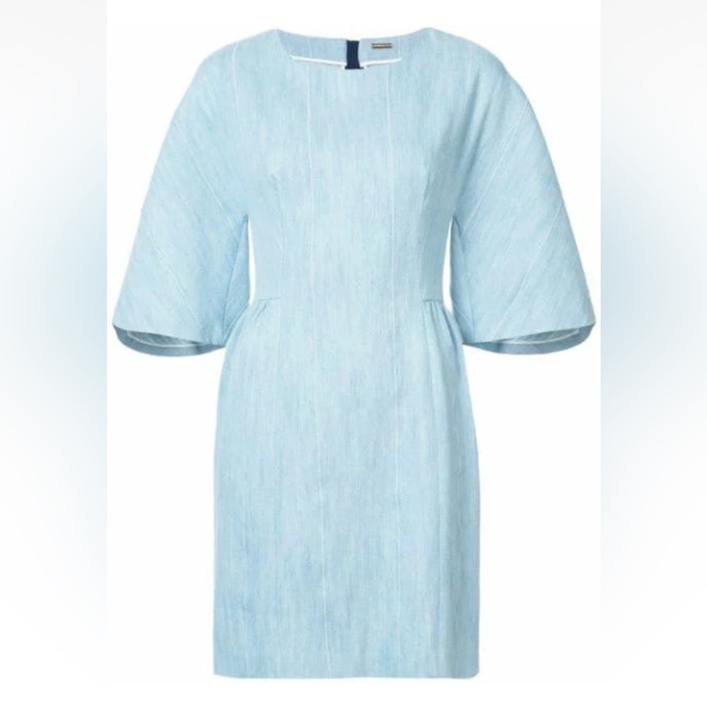 Adam Lippes Light Blue Striped Denim Mini Dress Zip Back Corded Bell Sleeve Sz 4